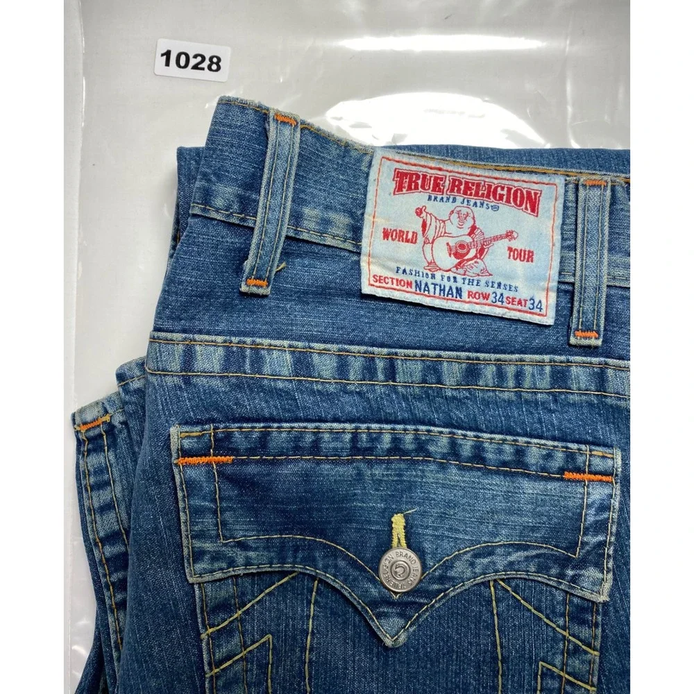 True Religion Nathan Straight Leg Jeans Mens 34x34 Blue Denim Made in USA Button